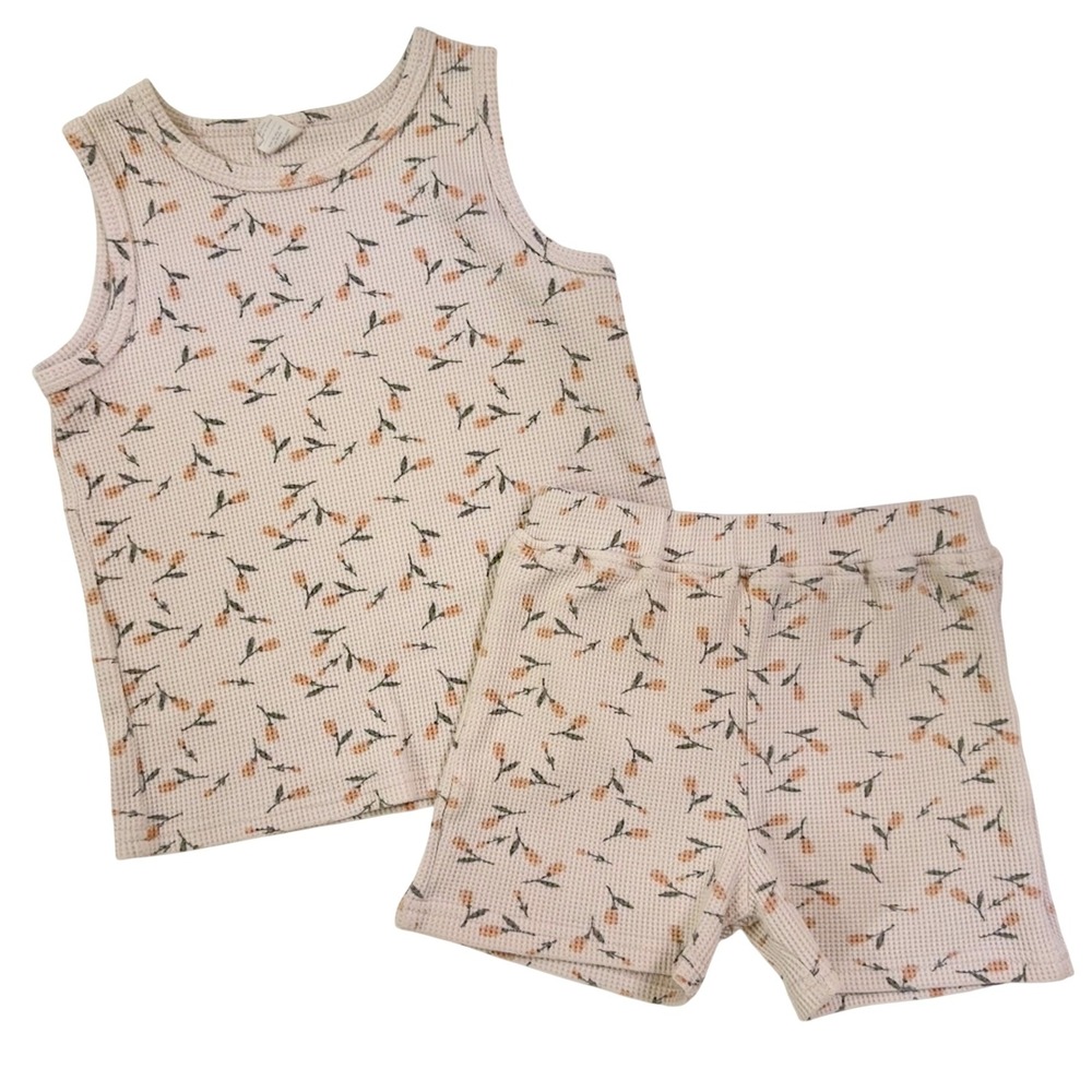 Alice + Ames Waffle Knit Tank Shorts Set 100% Cotton Girls Size 8 Cream Floral